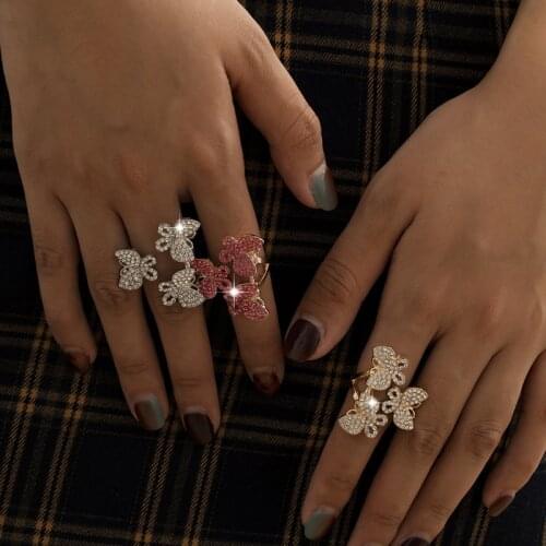 Luxury Butterfly Open Adjustable Rings For Women Full Crystal Wedding Rings Rose Gold Fashion Finger Ring Female Engagement Ring