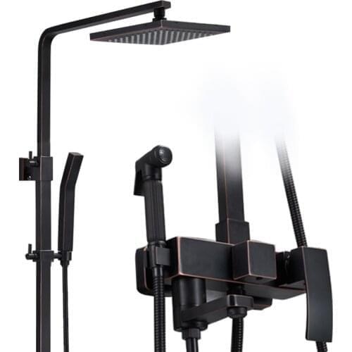 Retro Solid Brass Bronze Black Shower Faucet Set With Bidet Faucet Multifunction Bathroom Shower Tap 8inch Booster shower Head