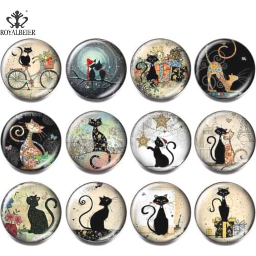 Royalbeier 12pcs/lot Mixed Black Cat Glass Beads 18mm Colorful Snaps Button bijuterias Charm DIY Bracelet Jewelry Women berloque