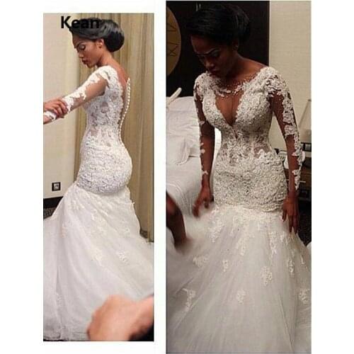 Full Sleeve Wedding Dress Deep V-neck Applique Illusion vestido De Noiva Dubai Arabic Wedding Gown Bride Dress Robe De Mariee