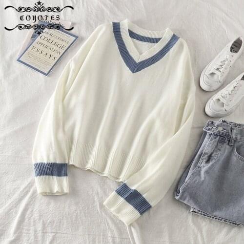 Sweaters Pullovers Women V-Neck Patchwork Sweater Womens Elegant Simple Leisure Soft Pullover Trendy Chic Autumn Loose Jumpers