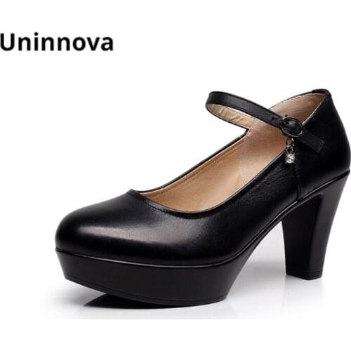 Platform Pumps Genuine Leather Small Round Toe Business Shoes Mary Jane Elegant Comfortable Black Shoes Uninnova WP149