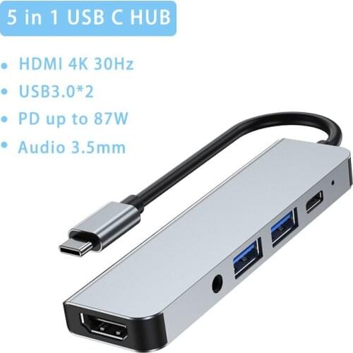 5 in 1 USB C Hub With PD Charging Audio USB3.0 SD TF Card Reader USB Splitter For Macbook Pro Type C With Laptop Smart Phone