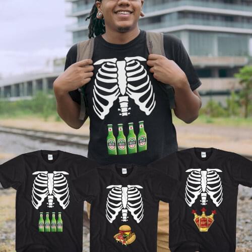 Funny Men T-Shirt Skeleton Body With Beer Belly Fast Food men clothing Short Casual O-Neck mens t shirts