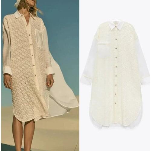 Za 2021 Long Shirt Women Embroidery Cut Out Summer Blouse Chic Patchwork Semi Sheer Button Up Long Sleeve Woman Blouses