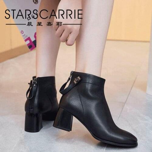 The first layer of cowhide single boots 2021 fall low tube round toe womens viscose shoes black thick heel riding boots