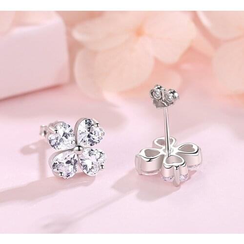 S925 Sterling Silver Earrings for Women Heart-Shaped four-leaf Clover Stud Earring Fine Jewelry for Wedding Gift Crystal Earring