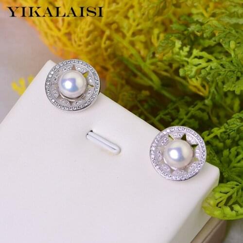 YIKALAISI 925 Sterling Silver Natural Freshwater Pearl Earrings Jewelry For Women 8-9mm Pearl size white purple pink black