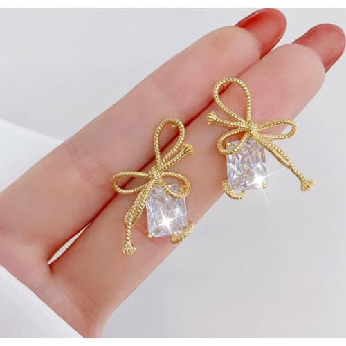 Women Earring Making Charms Bowknot Temperament Square Diamond Zircon Sweet Girl Earrings Daily Female Earrings Fine Jewelry
