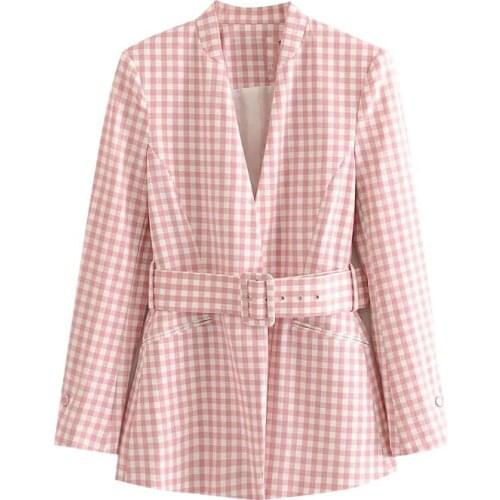 Women Fashion Office Wear With Belt Plaid Blazer Coat Vintage Long Sleeve Pockets Female Outerwear Chic Tops