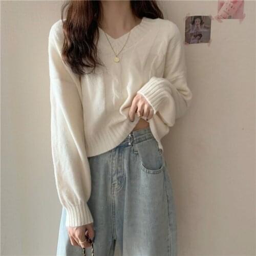 Sweater Women V-neck Pullovers Solid Korean Top Knit Spring Winter Long Sleeves Short Clothes White Sweaters