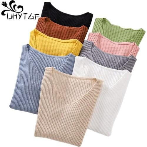 UHYTGF knitted Autumn winter sweater womens V-neck pullover sexy warm sweater Female Elastic soft Slim Short top pull femme 681