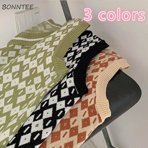 Sweaters Vest Women Japanese Style Sleeveless Knitting Crop V-neck All-match Chic Harajuku Argyle Popular Slim Leisure Spring