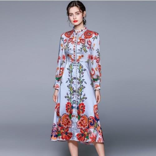 Women Spring & Autumn Elegant Floral Printing Shirt Long Dress High Quality Designer Vintage Party Casual Femme A-Line Vestidos