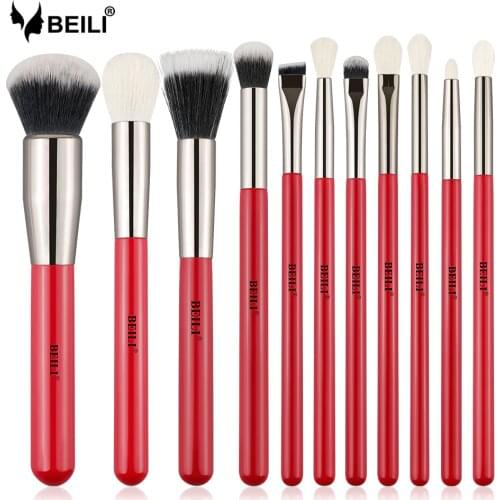 BEILI Red 11pcs Professional Makeup Brushes Set Natural Goat Hair Cosmetics Eyeshadow Powder Concealer Highlight Foundation