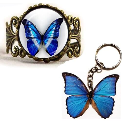 Acrylic Butterflys Keychain With Bronze Jewelry Butterfly Art Picture ring Glass Cabochon Statement rings For Women Gift Ladies