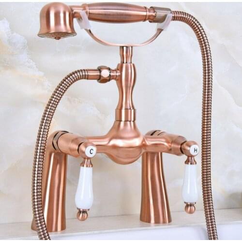 Antique Red Copper Double Handle Deck Mounted Bathroom Bath Tub Faucet Set with 1500mm Hand Held Shower Spray Mixer Tap 2na169