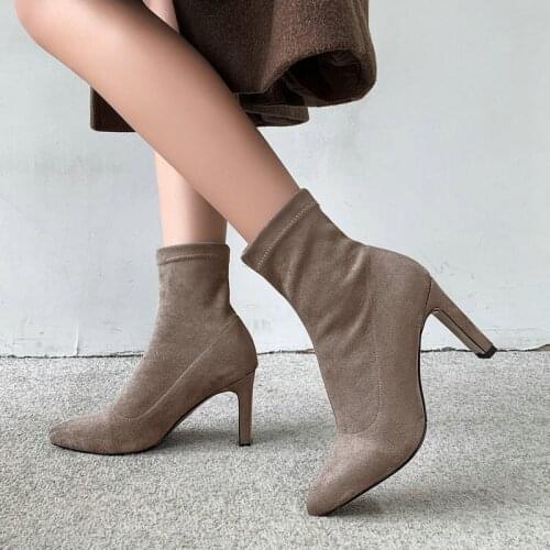 Khaki Black Gray Faux Suede Sock Boots Women Pointed Toe Block Heels Ankle Boots Ladies Stretch Short Boots 2019 Winter Shoes