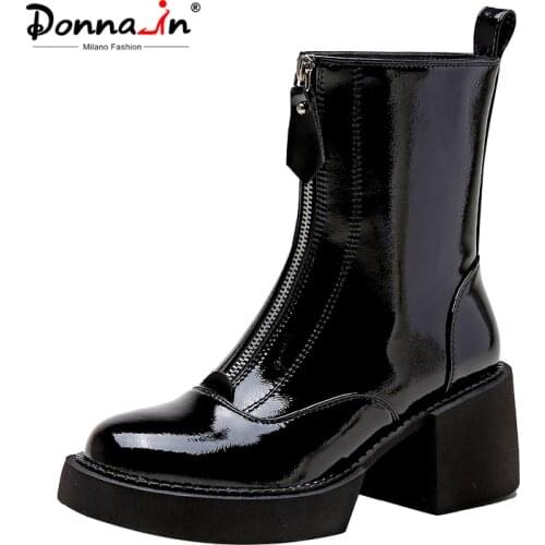 Donna-in 2021 New Front Zipper Patent Leather Martin Boots Block Chunky High Heels Platform Women Ankle Booties Street Style