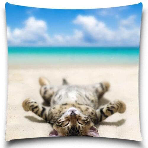 Cat on the beach Pillow Case Christmas gift Polyester Cotton Chair Seat Waist Square Decorative size customized available