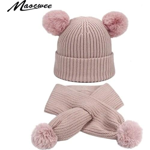 Childrens Winter Thick Hat Scarf Baby Kids Warm Two Faux Fur Pompoms Boys Girls 2 Pieces Kids Hat&Scarf Skullies Beanies Cap
