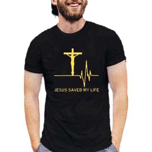 Jesus Saved My Life Printed Heartbeat Graphic T Shirt for Men Savior God Religion Prayer Faith Christian T-shirts Cotton O-neck