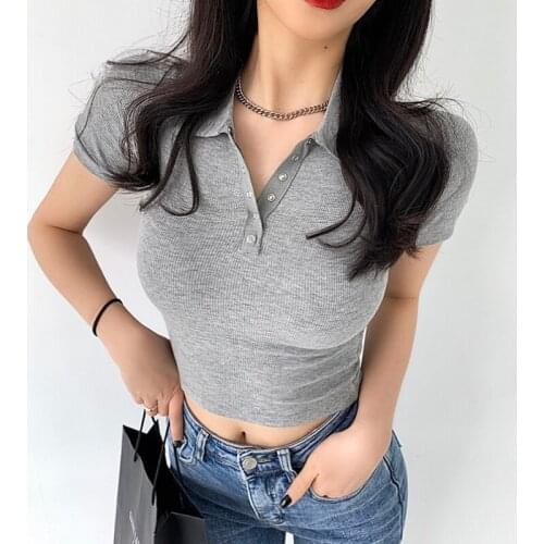 Summer New Turn-Down Collar Tops Fashion Casual T Shirt Women All Match Solid Button Short Sleeve Basic Cotton Tshirts