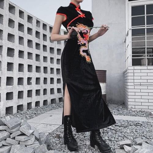 Goth Dark Black Dragon Embroidery Gothic Dress Harajuku Splice Autumn Vintage Midi Dresses Cheongsam Hole