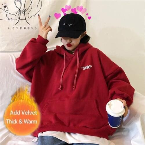 Heydress 2019 Autumn Large Size Women Solid Hoodie Lady Harajuku Plus Velvet Oversize Long Sleeve Korean warm Pullover Coat