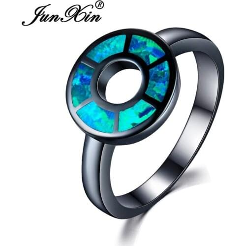 JUNXIN New Lucky Coin Shaped Ocean Blue/White Fire Opal Ring Unique Hollow Black Gold Filled Best Friend Birthday Gifts RB1396