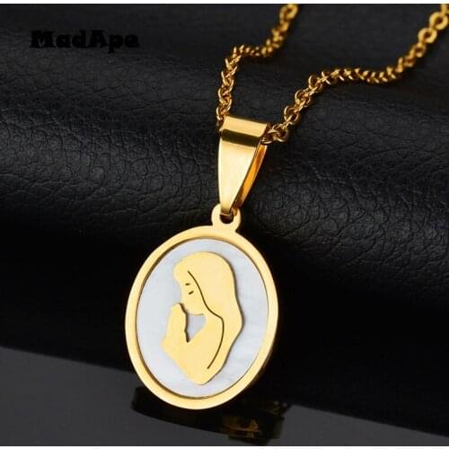 MadApe Oval Virgin Mary Pendant Necklace Stainless Steel Shell Pendants Chain, Women Gold Necklace Wholesale Jewelry Accessories
