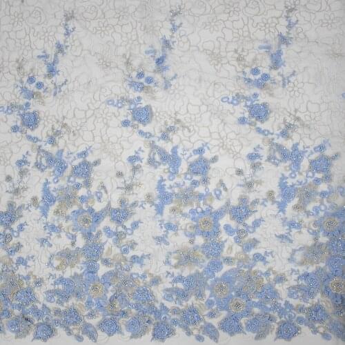 Sky Blue French Lace HandWork Beaded Net 3D Embroidery Fabrics With Sequins HY0771