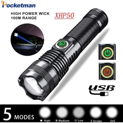 Newest XHP50 LED Flashlight 5 Modes USB Charging Flashlamp Telescopic Zoom Lantern Built-in Battery Torch With Power Display
