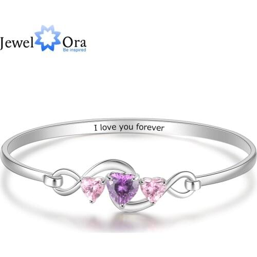 Personalized 3 Heart Birthstones Bracelets for Women Customized Engraving Infinity Bangles Wedding Jewelry Gift for Her
