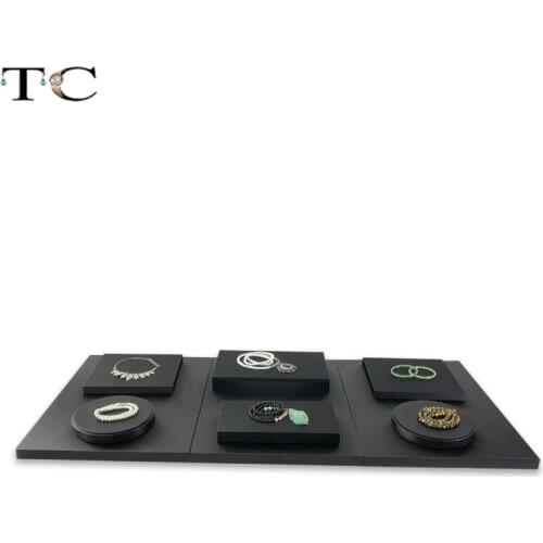 Quality Black PU Jewelry Counter Showcase Pad Wooden Jewelry Store Cabinet Platform Jewelry Display Tray Box Holder