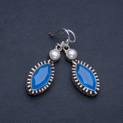Natural Chalcedony and River Pearl Boho Style 925 Sterling Silver Drop Earrings 1 3/4" R1526