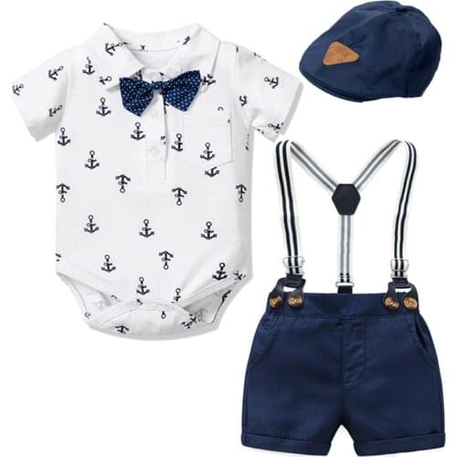 Summer Baby Gentleman Romper Sets Infant Baby Clothing Suits rompers+shorts+caps 3pcs/set boys clothes Birthday Newborn outfits