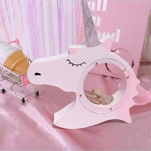 Nordic Wooden Unicorn Piggy Bank Scandinavia Decoration For Kids Room Pink Money Box For Girl Room Decor Scandinavia Decor