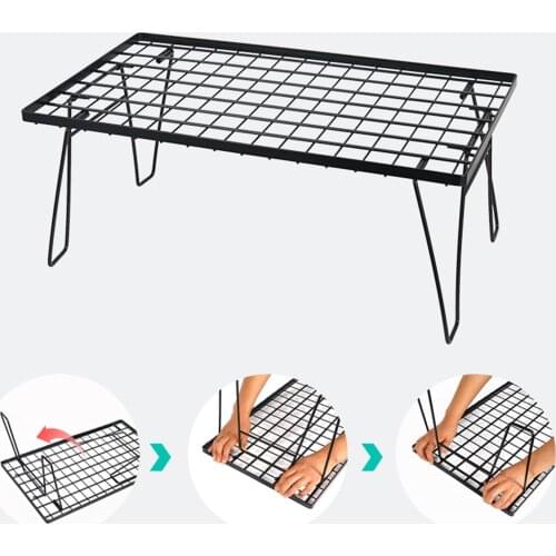 Portable Camping Barbecue Non-stick Diamond-shaped Mesh Folding Table Desk Picnic Grill Grate With Folding Legs 23.6x13.7 Inch