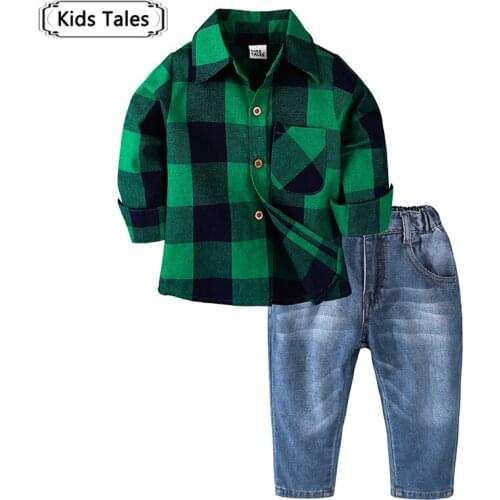 ST388 New Baby Boys Spring Autumn Tops+Jeans Suit 2 Pcs Kids Clothing Plaid Suit Sets Children Casual Clothes for 2-6Y Boys