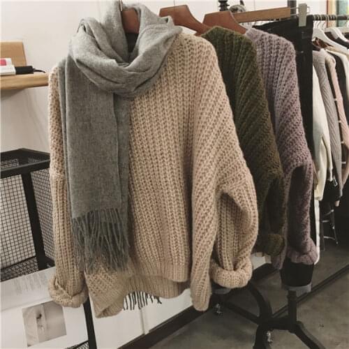 Oversize retro loose knit sweater women 2020 autumn winter new Korean style thick wool pure color pullover O-neck sweater