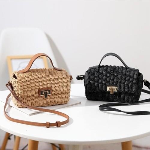 Grass Bag Summer 2021 Natural Color Box Type Hand-held Shoulder Slant Bag Womens Rattan Purses and Handbags Luxury Designer