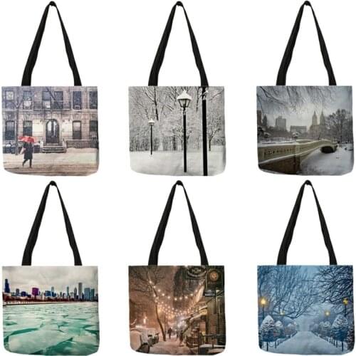 Beautiful City Snowscape Print Women Designer Bag 2020 New Year Christmas Tote Handbag Shopping Shoulder Bag Ladies B13108