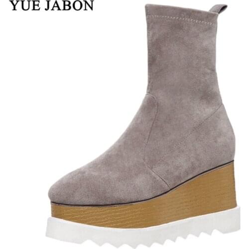 2020 YUE JABON Handmade Stretch Suede Boots Women Black Winter Autumn Fashion Motorcyle Boots Woman Thick Bottom Wedge Shoes