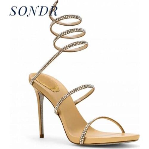 2020 Summer Lace High-heeled Roman Sandals Female Summer Brand Designer Serpentine Winding Rhinestone Hollow Sexy Shoes 33-40