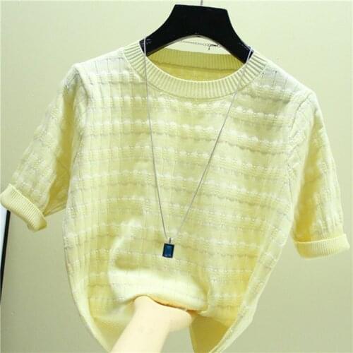 2021 New Fashion Summer South Korea O Neck Contrast Color Color Striped Short Pullover Knitted Sweater Women T-Shirt Tops Women