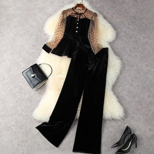 Women Outfit Two Piece Set 2021 Autumn New Polka Dot Mesh Stitching Ruffles Hem Top + Velvet High-Waisted Wide-Leg Pant Suit