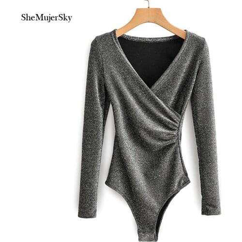 SheMujerSky Women Long Sleeve Glitter Bodysuit Solid Color V-neck Slim Elastic Bodysuits 2019 Jumpsuits Womens Overalls