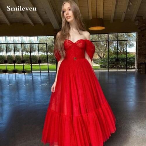 Smileven Sexy Red Off the Shoulder Evening Dresses Ankle Length A Line Elegant Lady Formal Party Gowns