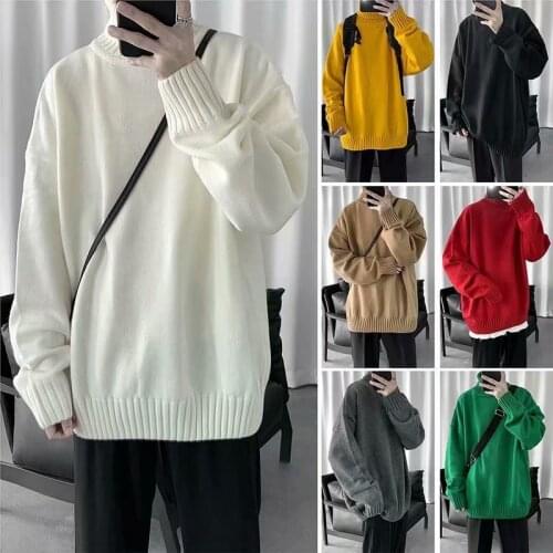 2021 New Korean Mens Turtleneck Sweater Loose Comfortable Pure Color Hong Kong Style Long Sleeve Thick Knit Casual Top M-3XL